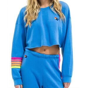 NEW AVIATOR NATION rugby stitch cropped crew relaxed sweatshirt in blue